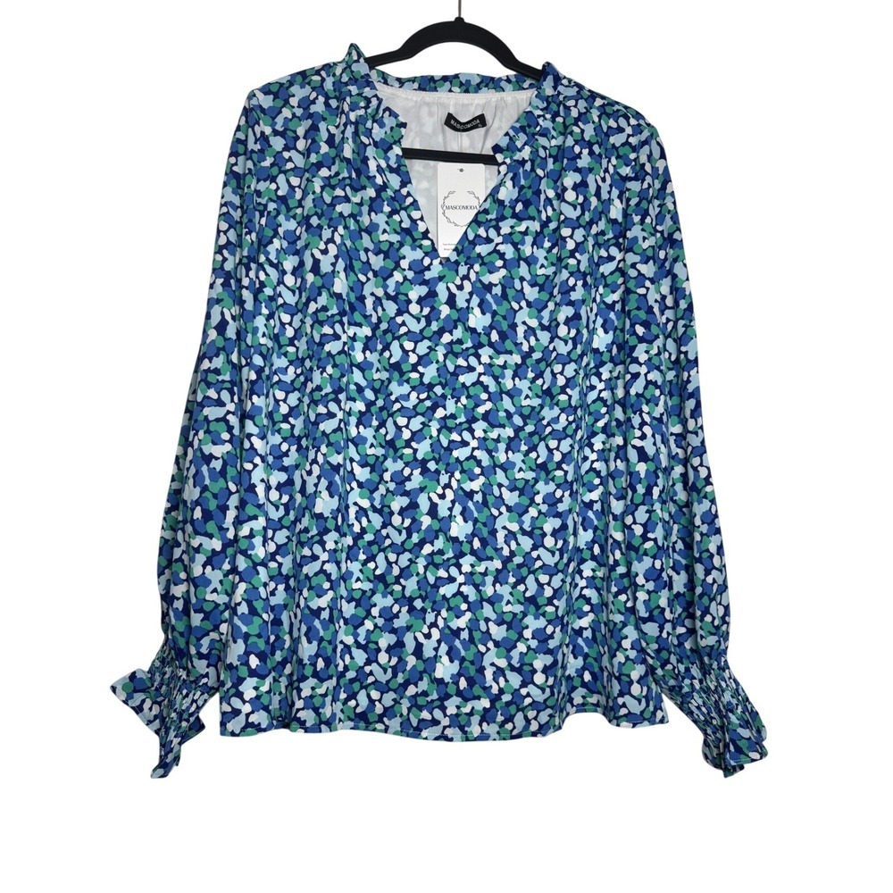 Mascomoda Womens XL Blue Green Abstract Print V-Neck Blouse‎ Smocked Cuff